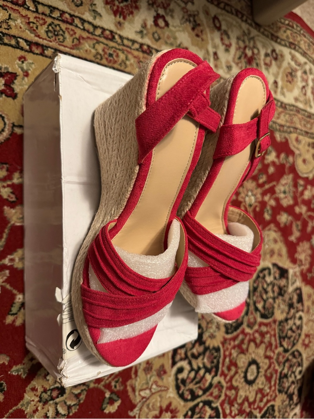 SHEIN Red Suede Espadrille Wedge Sandals for Women